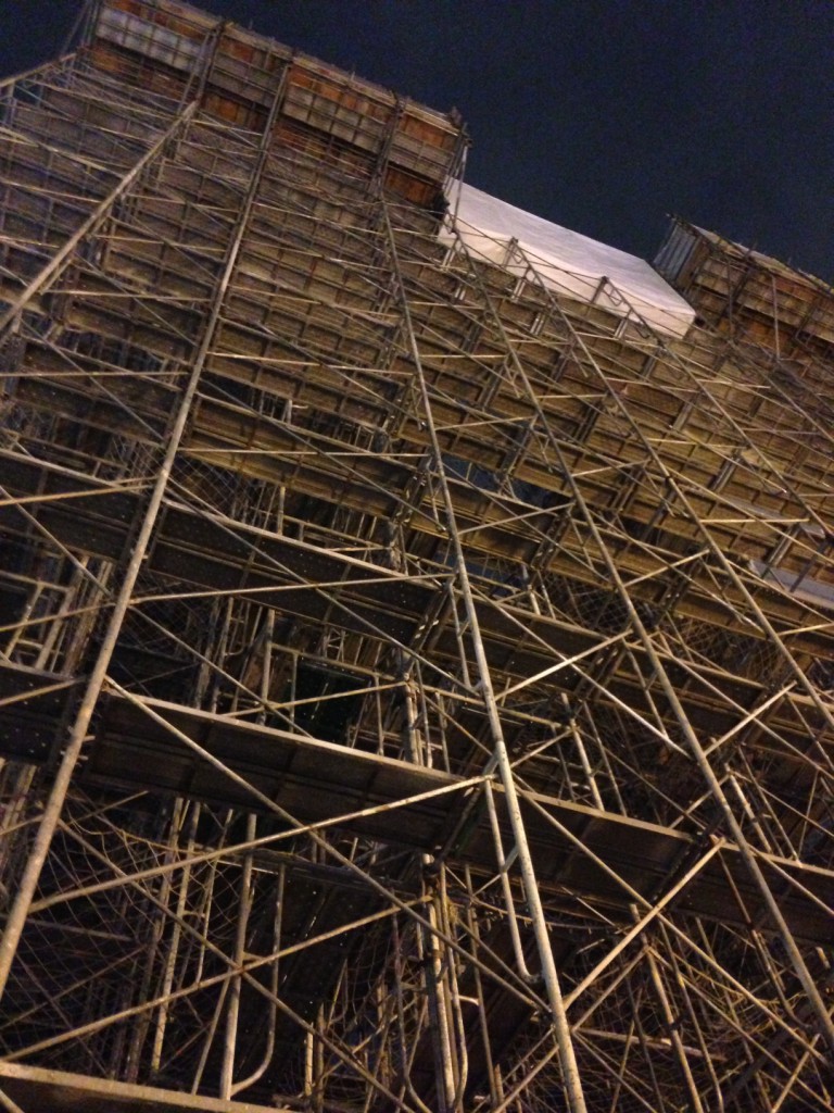 A closer look at one of the scaffolding structures. 
